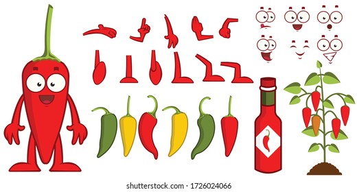 Funny cartoon hot chili peppers character creation set vector illustration. Constructor with various gesture, emotion. Eyes, arms, mouths and legs. 