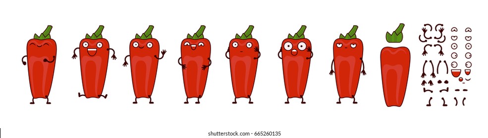 Funny cartoon hot chili peppers character creation set vector illustration. Constructor with various gesture, emotion. 