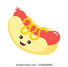 Funny Cartoon hot dog. Fast Food icon. Vector illustration