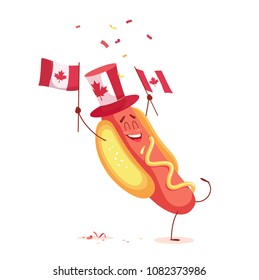 Funny cartoon hot dog holding canadian flag. Vector illustration
