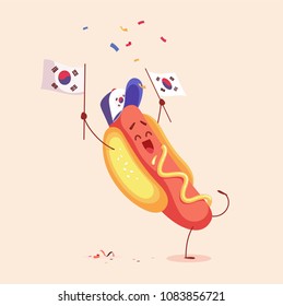 Funny cartoon hot dog holding flag of South Korea. Vector illustration
