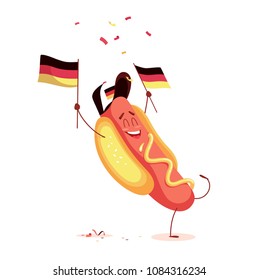 Funny cartoon hot dog holding germany flag. Vector illustration