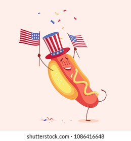 Funny cartoon hot dog holding usa flag. Vector illustration
