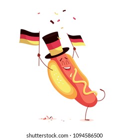 Funny cartoon hot dog holding germany flag. Vector illustration