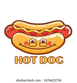 funny cartoon hot dog with sausage, mustard, ketchup and a bun with sesame seeds