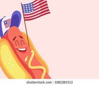 Funny cartoon hot dog with usa flag. Vector illustration
