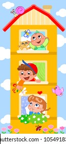 Funny cartoon house: in each window a cute smiling child.
