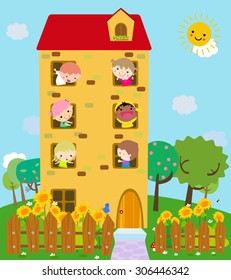 Funny cartoon house: in each window a cute smiling child.