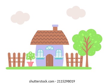 Funny cartoon house with fence, tree and potted plant with flowers. Template for use in children's design, textiles, books, packaging. Summer or spring concept.