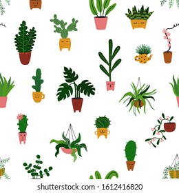 Funny cartoon houseplant background. Seamless pattern with different indoor plants.