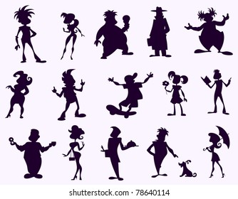 Funny cartoon human figures in black silhouette