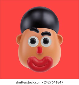 Funny cartoon human head smiling boy or men in realistic 3d style. Bright positive character design. Colorful vector illustration.