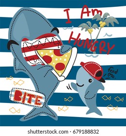 funny cartoon hungry shark eating pizza with his brother on blue and white striped background illustration vector.
