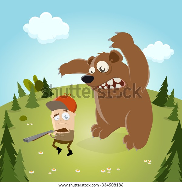 Funny Cartoon Hunter Bear Background Stock Vector (Royalty Free) 334508186