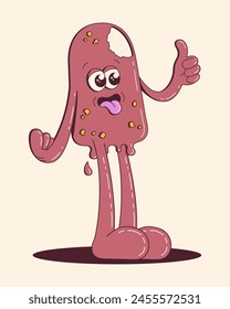 Funny Cartoon Ice Cream Character in Retro Style. Frozen sweet food mascot. Melting chocolate dessert with face showing thumbs up vector illustration.