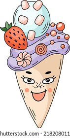 Funny cartoon ice cream clipart. Ice cone character vector illustration