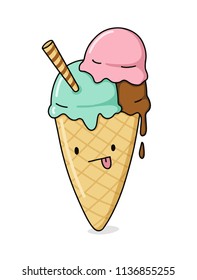 Funny cartoon ice cream illustration. Cute vector summer dessert. 