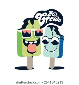 Funny cartoon ice cream monster characters. Cute popsicle friends with sunglasses vector illustration for t-shirt print and summer design.