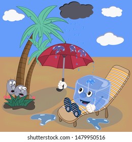 funny cartoon ice cube on vacation in the desert sitting on a couch and hiding from the rain under an umbrella.