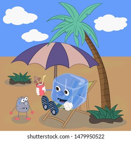 funny cartoon ice cube on a vacation in the desert sits on a couch and offers the creature, languishing from the heat, to drink a refreshing drink.