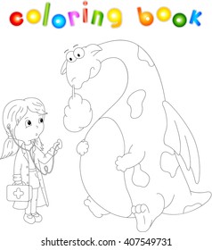 Funny cartoon ill dragon and girl doctor isolated on white. Coloring book for kids