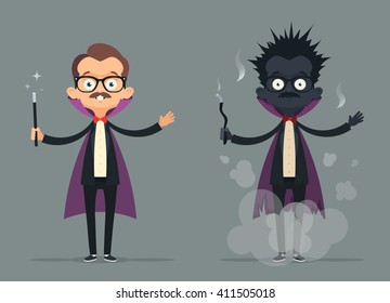 Funny Cartoon Illusionist. Failed Magic Trick: Burned. Vector Illustration