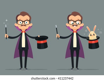 Funny Cartoon Illusionist Holding Magic Stick and Silk Hat with Rabbit. Vector Illustration