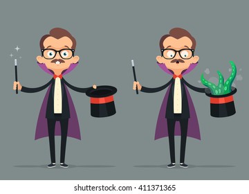 Funny Cartoon Illusionist Holding Magic Stick and Silk Hat with Scary Tentacles. Magic Trick Gone Wrong. Vector Illustration
