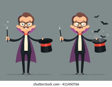 Funny Cartoon Illusionist Holding Magic Stick and Silk Hat with Bats. Magic Trick Gone Wrong. Vector Illustration