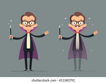 Funny Cartoon Illusionist. Magic Trick: Invisibility. Vector Illustration