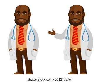 Funny Cartoon Illustration Of An African American Doctor. Friendly Black Man, Smiling. Cartoon Illustration.