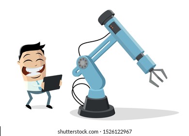 funny cartoon illustration of an asian businessman with industrial robot and tablet