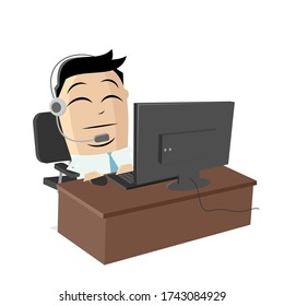 funny cartoon illustration of an asian businessman working at his office