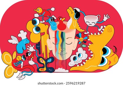Funny cartoon illustration of a baby dragon, giraffe, and bird playing with toys and flowers in a green, child-friendly setting