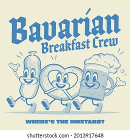funny cartoon illustration of bavarian breakfast main ingredients pretzel sausage and beer