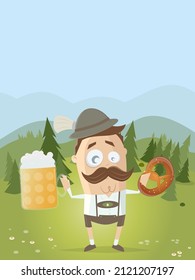 funny cartoon illustration of a bavarian man with beer and pretzel