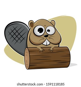 funny cartoon illustration of a beaver with wood log