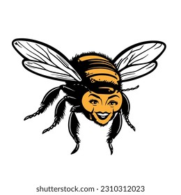 funny cartoon illustration of a bee with the face of a woman