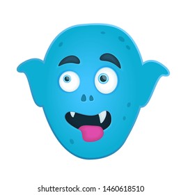 Funny cartoon illustration with blue smiling monster head on white background