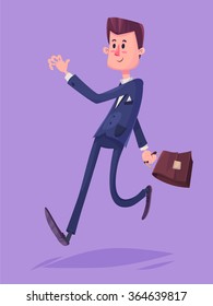 Funny  cartoon illustration of  business man. Man runs to meet or a work. Vector cute character. Isolated vector illustration. 