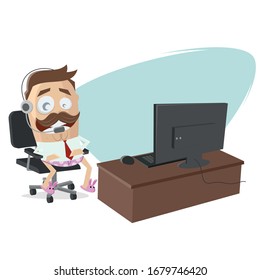 funny cartoon illustration of a businessman working at his homeoffice with underpants and slippers