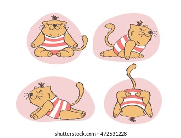 Funny cartoon illustration of cat doing yoga. Colorful vector collection of cat in yoga positions.