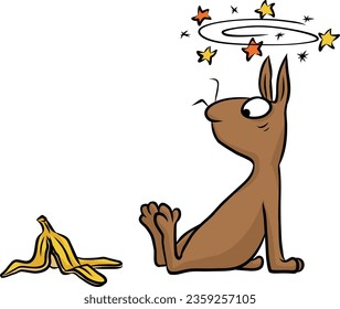 Funny cartoon illustration of clumsy bunny with stars over his head slipped on a banana