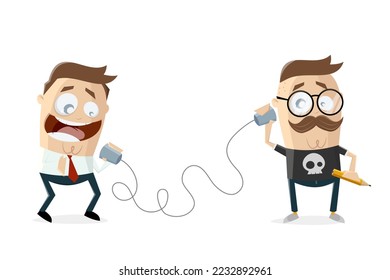 funny cartoon illustration of conversation by using cup phone