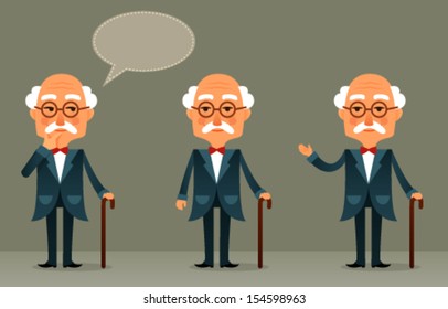 funny cartoon illustration of a cool senior man with walking stick. An old man in elegant blue suit, a teacher, professor or scientist. Vector eps file.