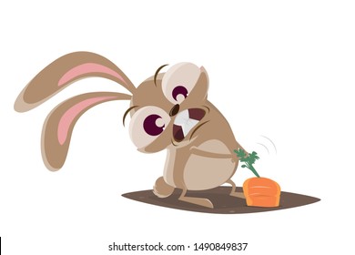 funny cartoon illustration of a crazy rabbit pulling on a carrot