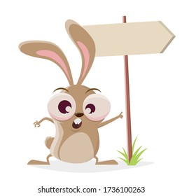 funny cartoon illustration of a crazy rabbit with important sign