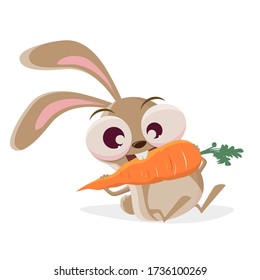 funny cartoon illustration of a crazy rabbit eating a big carrot