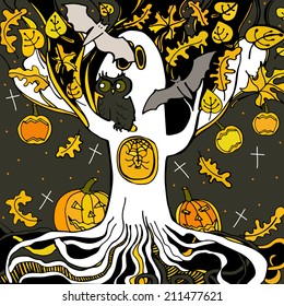 Funny cartoon illustration with cute ghosts, bats and pumpkins