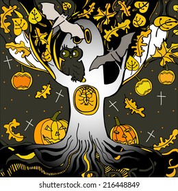 Funny cartoon illustration with cute ghosts, bats and pumpkins